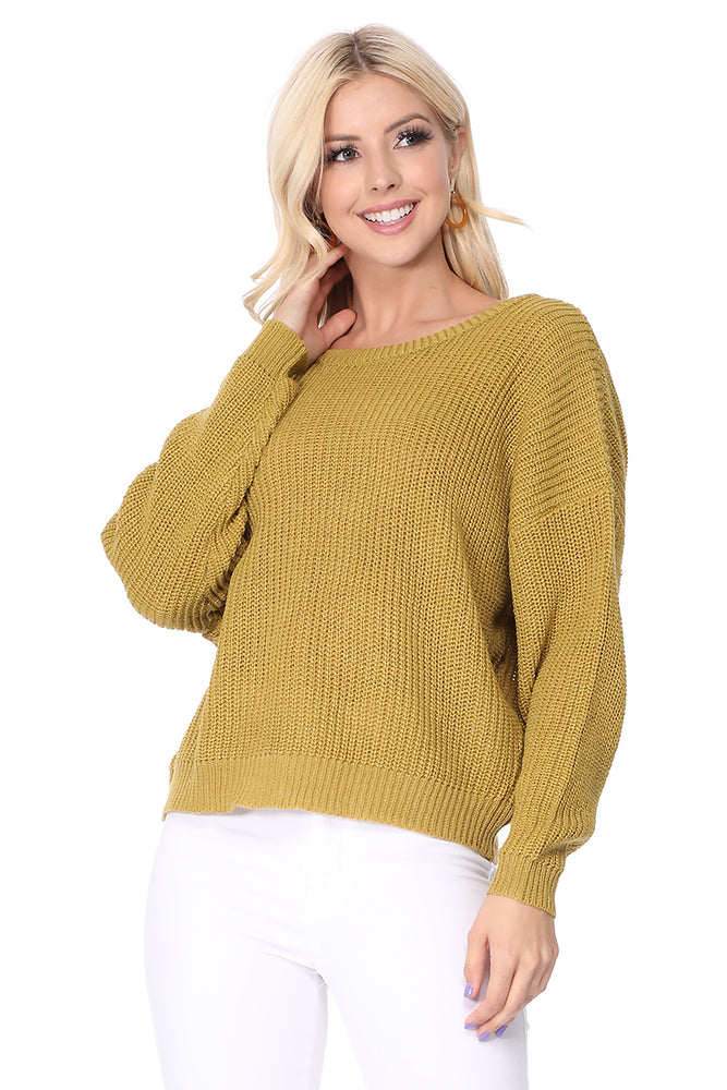 Yemak Women's Oversized Waffle Knit Sweater Pullover with Back Bow MK8224