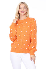 Yemak Women's Long Sleeve Round Neck Pom Pom Polka Dot Sweater Pullover MK8228 (S-L)