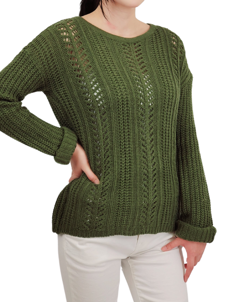 Yemak Women's Long Sleeve Crochet Knitted Sweater Top with Rolled Cuffs HB2052