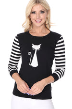 Yemak Women's 3/4 Striped Sleeve Round Neck Cat Design Knitted Sweater Pullover MK8249