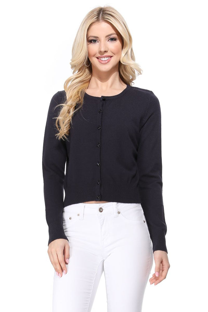 YEMAK Women's Long Sleeve Crewneck Cropped Button Down Cardigan Sweater MK5502 (S-XL)