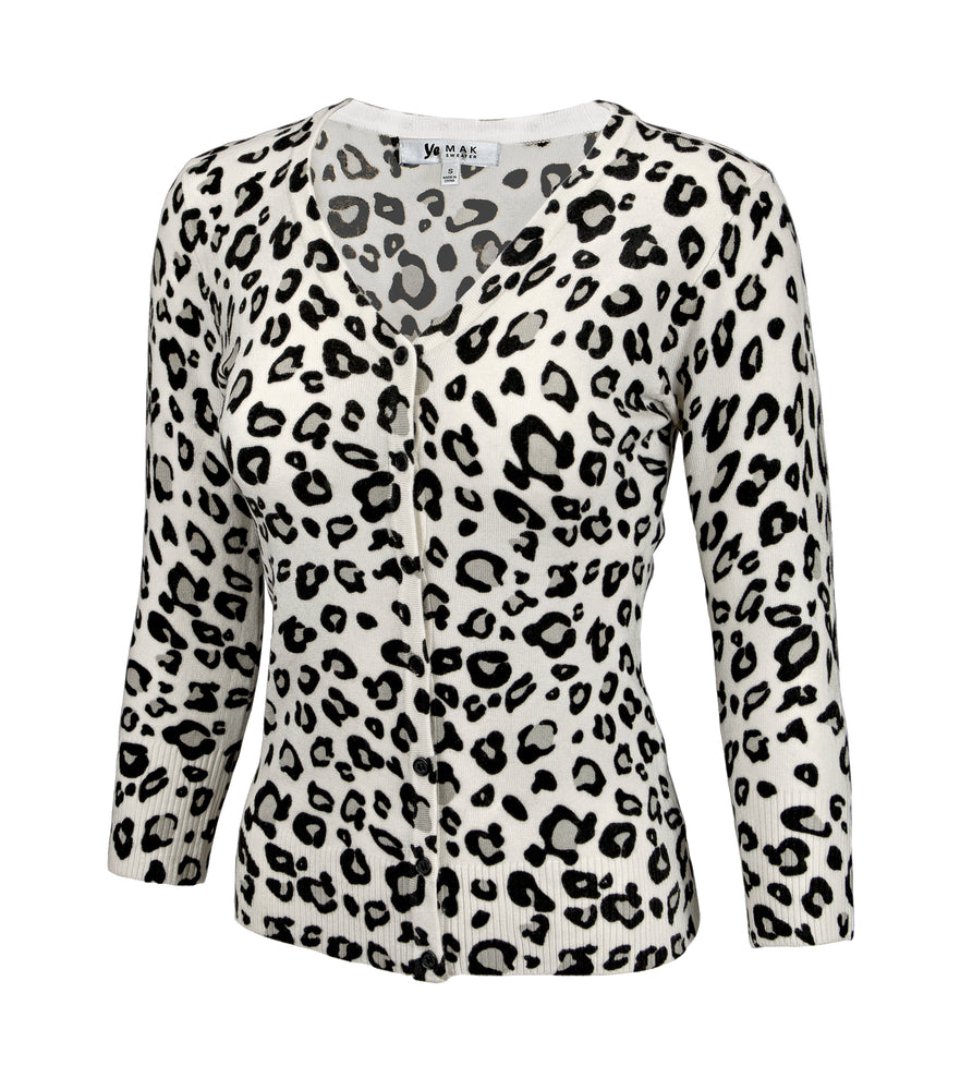 YEMAK Women's Leopard Pattern 3/4 Sleeve V-Neck Button Down Knit Sweater Cardigan CO078LEO (S-XL)