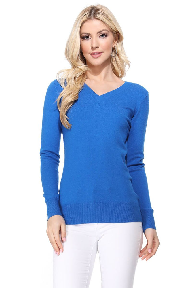 YEMAK Women's Long Sleeve V-Neck Basic Soft Knit T-Shirt Pullover Sweater MK5501 (S-XL)