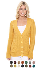 Women's Casual Long Sleeve Button Down Cable Knit Cardigan Sweater with Two Pockets HB3134