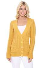 Women's Casual Long Sleeve Button Down Cable Knit Cardigan Sweater with Two Pockets HB3134