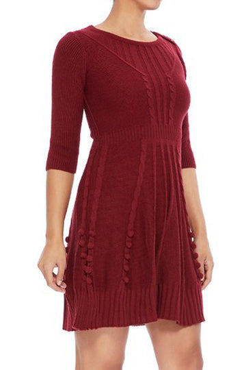 YEMAK Women's 3/4 Sleeve Crewneck Lovely Pompom Cable Knit Sweater Midi Dress HB3137 (S-L) YEMAK Women's 3/4 Sleeve Crewneck Lovely Pompom Cable Knit Sweater Midi Dress HB3137 (S-L)