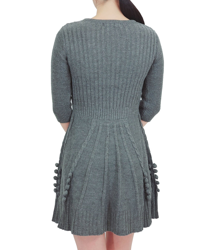 YEMAK Women's 3/4 Sleeve Crewneck Lovely Pompom Cable Knit Sweater Midi Dress HB3137 (S-L)