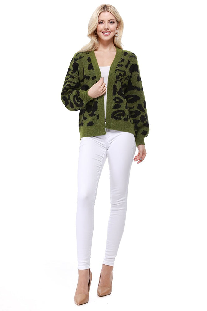 Yemak Women's Chunky Leopard Print Open Front Long Sleeve Jacket Sweater Cardigan HK8254LEO