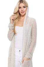 Yemak Women's Long Sleeve Open Front Knit Long Sweater Summer Cardigan with Pockets and Hoodie HK8266
