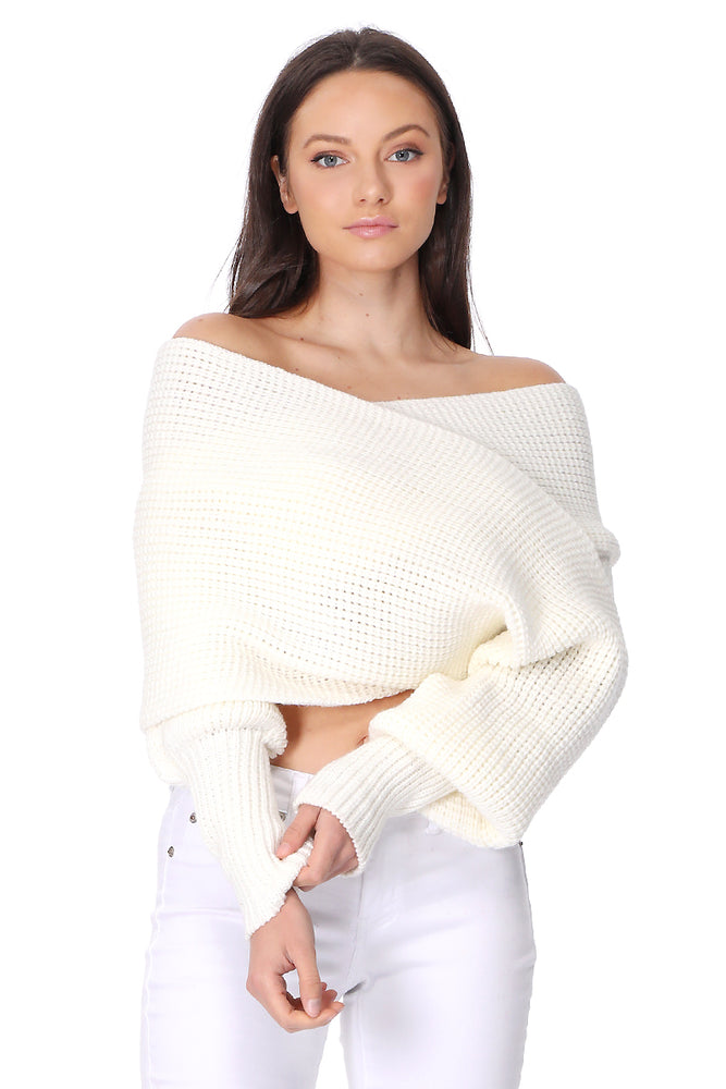 YEMAK Sexy Off The Shoulder Long Sleeve Wrap Sweater Shawl With Sleeve KC003