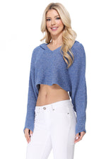 Yemak Women's Long Sleeve Knit Cropped Sweater Summer Pullover with Hoodie KC009 (S/M-M/L)