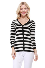 Yemak Women's 3/4 Sleeve V-Neck Stripe Sweater Cardigan MK3078