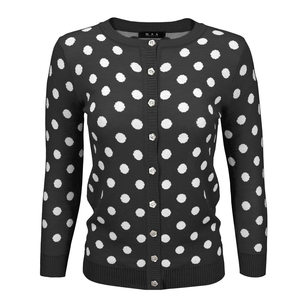 Womens Cute Polka Dot Jacquard Crewneck Button Down Sweater Cardigan MK3104 - Cardigans-Sweaters