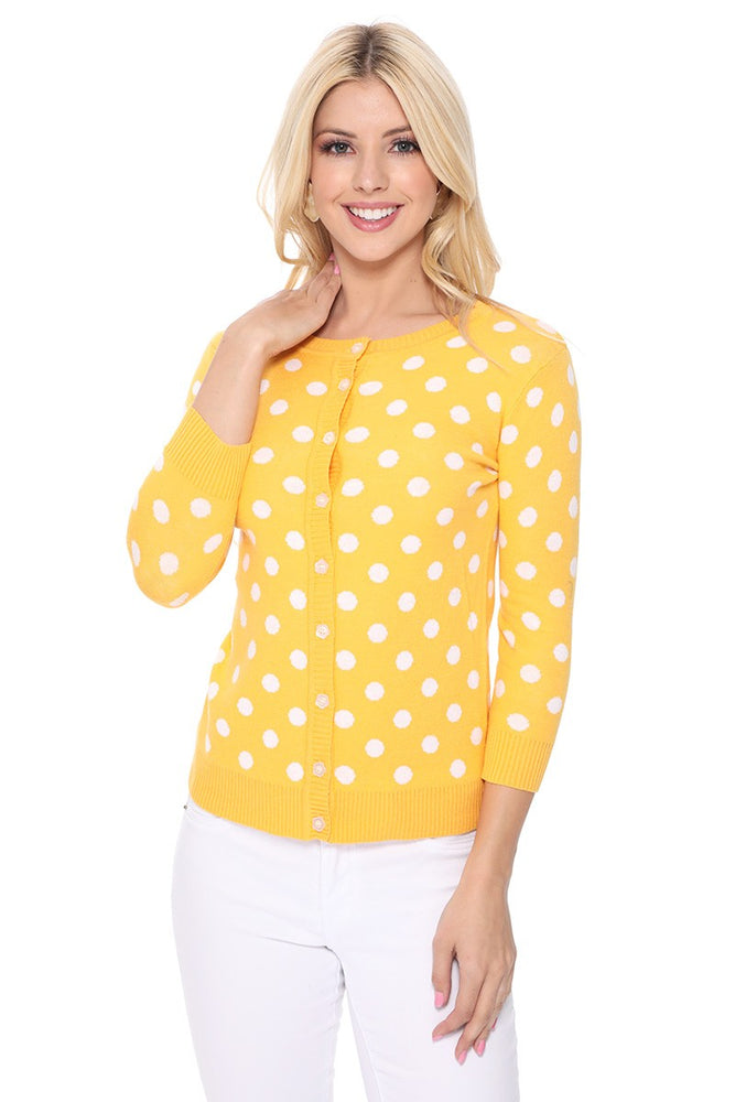 YEMAK Women's Polka Dot Cute Jacquard Crewneck Button Down Sweater Cardigan MK3104