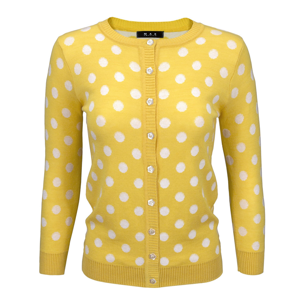 Womens Cute Polka Dot Jacquard Crewneck Button Down Sweater Cardigan MK3104 - Cardigans-Sweaters