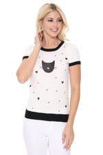 YEMAK Women's Kitty Cat Face Casual Short Sleeve Pullover Sweater MK3182 (S-L)