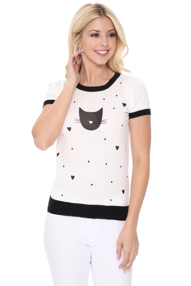 YEMAK Women's Kitty Cat Face Casual Short Sleeve Pullover Sweater MK3182 (S-L)