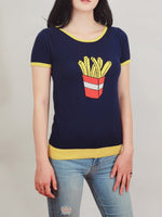 YEMAK Women's Short Sleeve Crewneck French Fries Print Casual T-Shirt Sweater MK32002 (S-L)