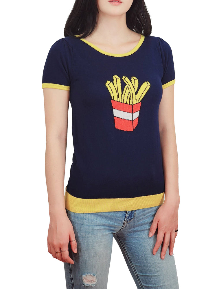 YEMAK Women's Short Sleeve Crewneck French Fries Print Casual T-Shirt Sweater MK32002 (S-L)
