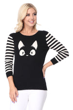 YEMAK Women's Kitty Cat Face 3/4 Sleeve Casual Crewneck Pullover Sweater MK3375 (S-L)