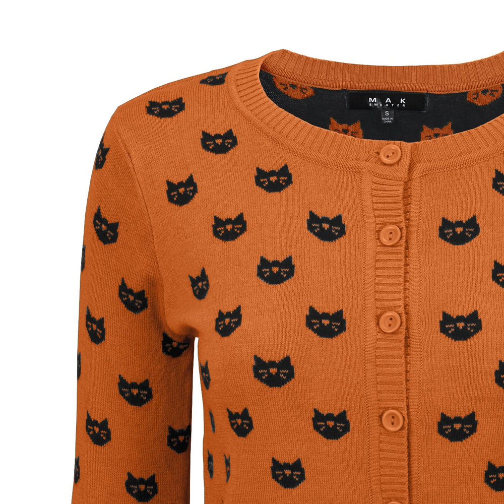 Womens Cute Cat Patterned 3/4 Sleeve Button Down Stylish Cardigan Sweater MK3466 - Cardigans-Sweaters