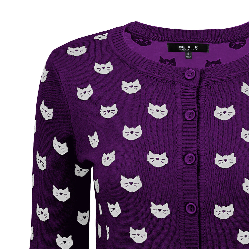 YEMAK Women's Cute Cat Pattern 3/4 Sleeve Button Down Stylish Cardigan Sweater MK3466