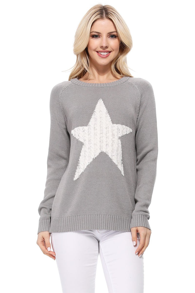 YEMAK Women's Pullover Sweater Long Sleeve Crewneck Cute Star Cable Knit MK3506 STAR (S-L)