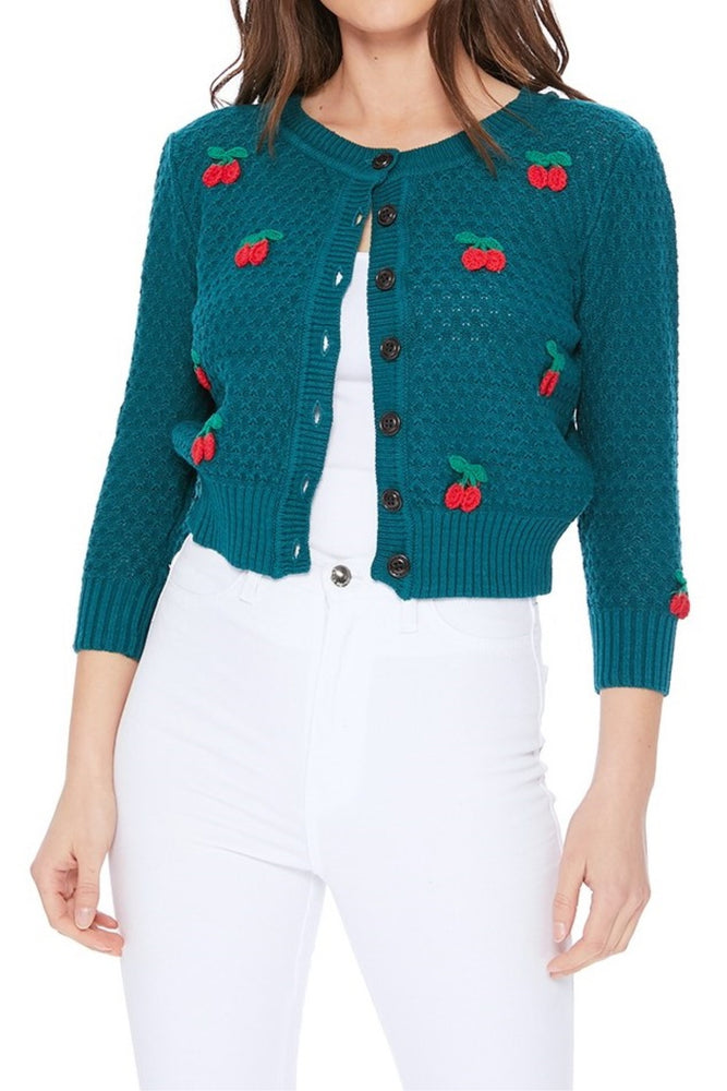 YEMAK Women's Cherry Pom Pom 3/4 Sleeve Cropped Honeycomb Knit Cardigan Sweater MK3515 (S-L)