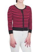 Yemak Women's 3/4 Sleeve Crewneck Striped Sweater Cardigan MK3521