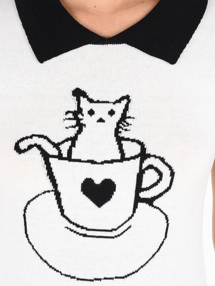Pointed Collar Cat Tea Cup Short Sleeves Casual Pullover Sweater MK3591CAT - Pullover