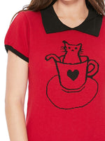 Pointed Collar Cat Tea Cup Short Sleeves Casual Pullover Sweater MK3591CAT - Pullover