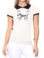 YEMAK Women's Meow Cat Classic Contrast Collar Short Sleeve Casual Pullover Sweater MK3591MEOW (S-L)