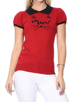 YEMAK Women's Meow Cat Classic Contrast Collar Short Sleeve Casual Pullover Sweater MK3591MEOW (S-L)