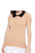 YEMAK Women's Classic Contrast Collar Short Sleeve Knit Pullover Sweater MK3591