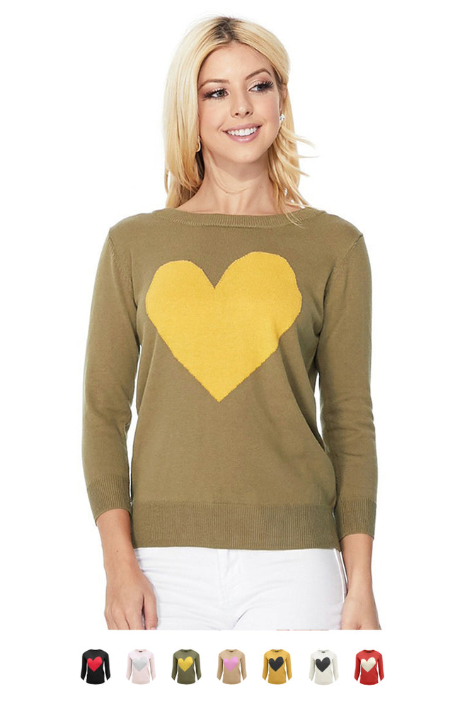 Love Heart Chenille Round Neck 3/4 Sleeve Sweater