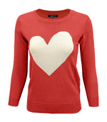 Womens Love Heart Chenille Round Neck 3/4 Sleeve Casual Sweater MK3595 - Large / Tomato/Oatmeal - Pullover