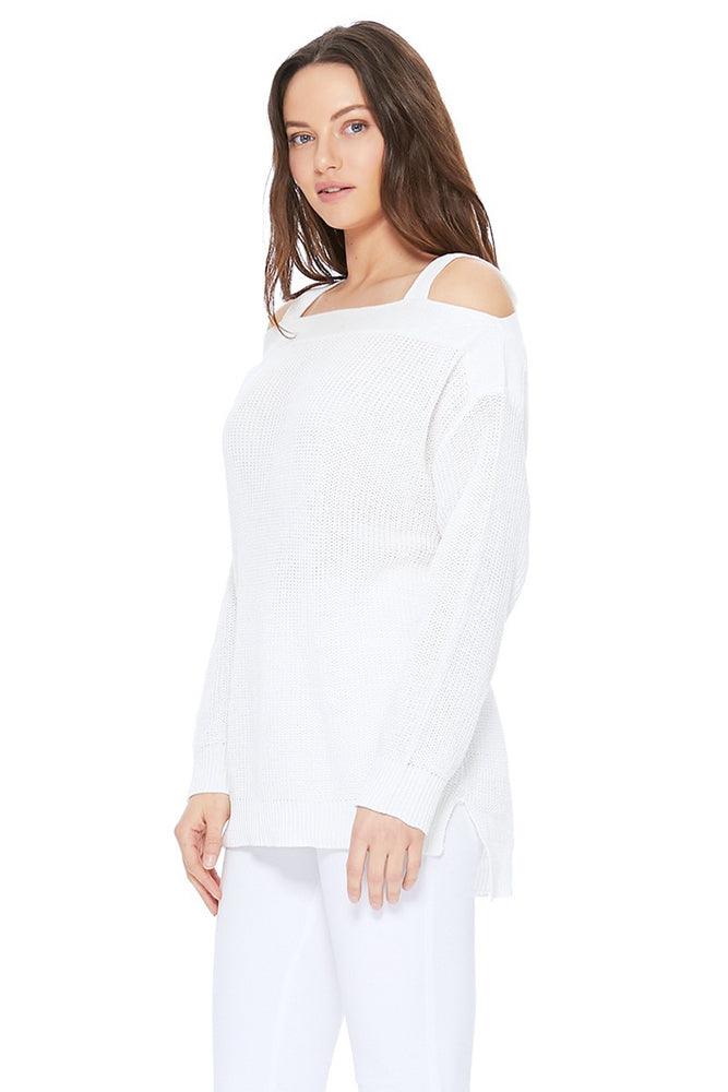 YEMAK Women's Cold Shoulder Long Sleeve Knit Tunic Top Pullover Summer Sweater MK3631