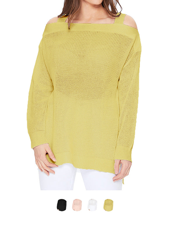 YEMAK Women's Cold Shoulder Long Sleeve Knit Tunic Top Pullover Summer Sweater MK3631