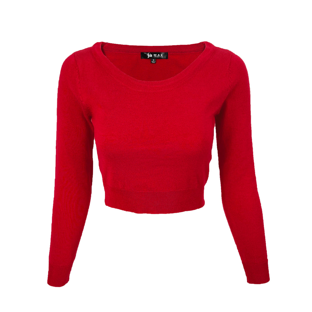 YEMAK Women's Stretch Crop Top Pullover Sweater - Long Sleeve Slim Bodycon Crewneck Basic Casual Pullover Solid  Cropped Knit Top MK3637 (S-XL)