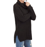 YEMAK Women's Cowl Neck High Low Hem Side Slit Pop-Corn Knit Casual Loose Oversized Tunic Sweater MK3650 (S-L)