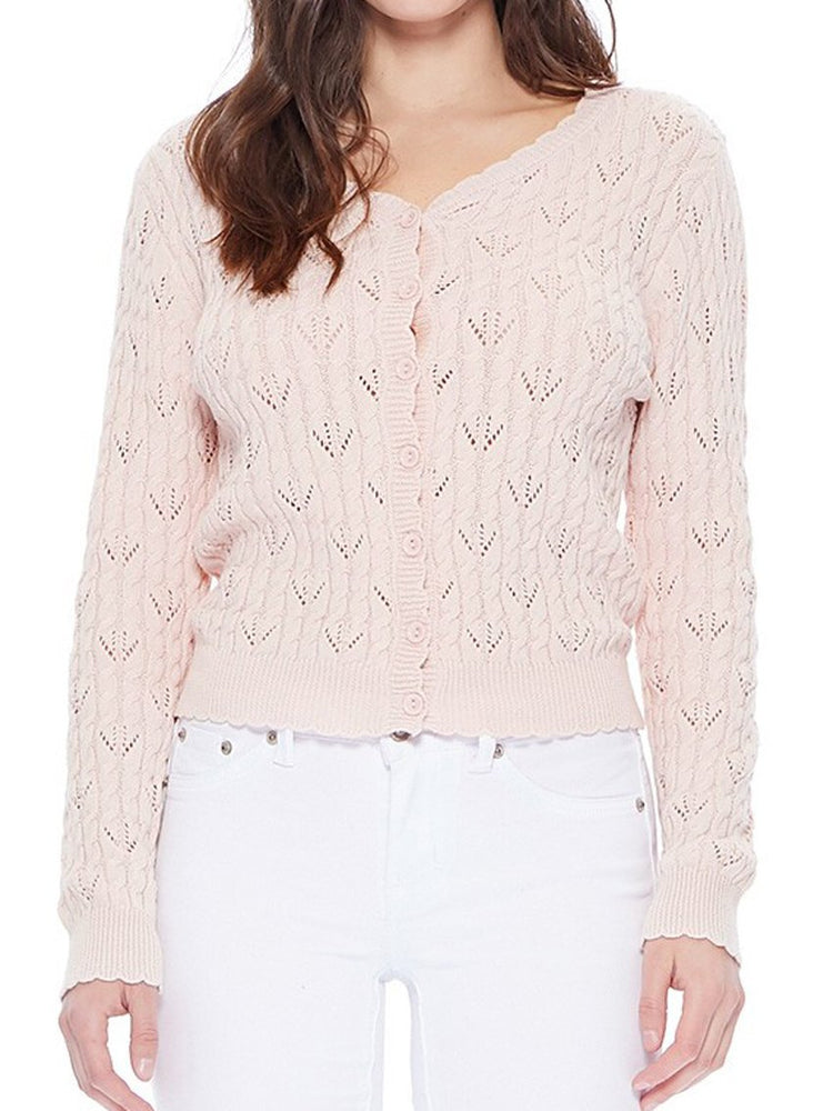 Vintage Lace Patterned V-Neck Long Sleeves Scallop Hem Casual Cardigan MK3659 - Cardigans-Sweaters