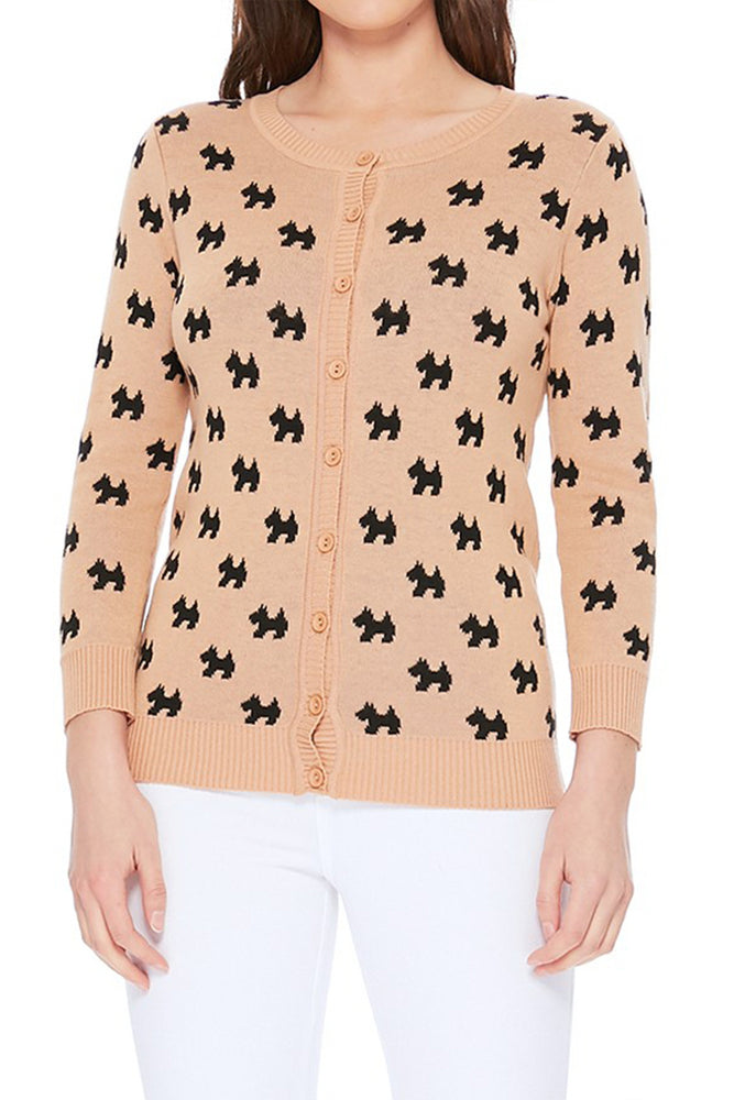 YEMAK Women's Cute Dog Patterned 3/4 Sleeve Crewneck Button Down Cardigan Sweater MK3675 (S-L)