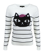 Adorable Black Cat Round Neck Stripe Patterned Casual Jacquard Sweater MK8097 - Pullover