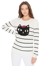 YEMAK Women's Striped Pattern Black Cat Crewneck Casual Jacquard Sweater MK8097