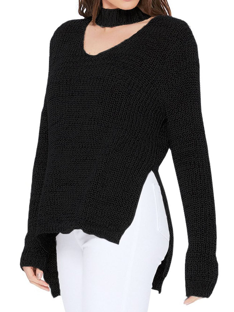V-Neck Long Sleeves Side Slits Casual Loose Knit Pullover Sweater MK8143 - Pullover