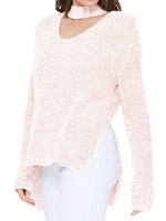 V-Neck Long Sleeves Side Slits Casual Loose Knit Pullover Sweater MK8143 - Pullover
