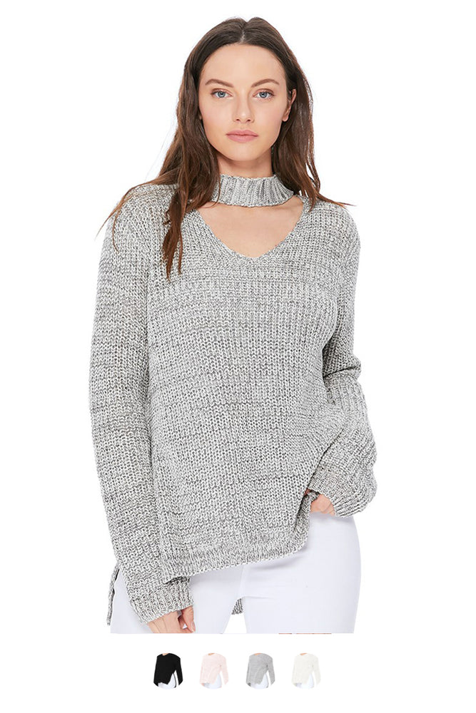 YEMAK Women's V-Neck Choker Style Side Slit Casual Knit Pullover Sweater MK8143