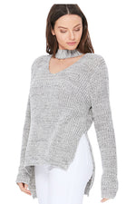 YEMAK Women's V-Neck Choker Style Side Slit Casual Knit Pullover Sweater MK8143