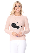 YEMAK Women's Black Cat Applique Crewneck Long Sleeve Casual Knit Pullover Sweater MK8207