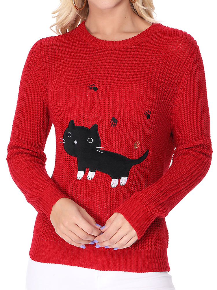 YEMAK Women's Black Cat Applique Crewneck Long Sleeve Casual Knit Pullover Sweater MK8207